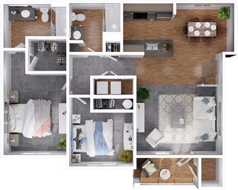 Floor plan for 2 beds, 2 baths, 1043 sqft
